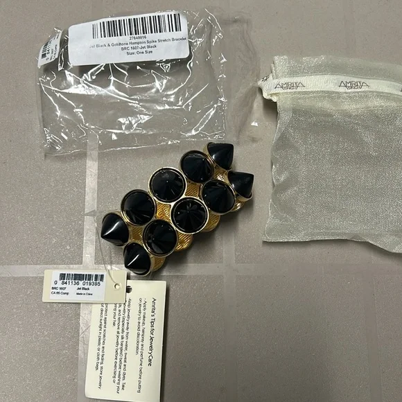 New Jet Black & Gold tone Hampton Spike Stretch Bracelet - Picture 2 of 7